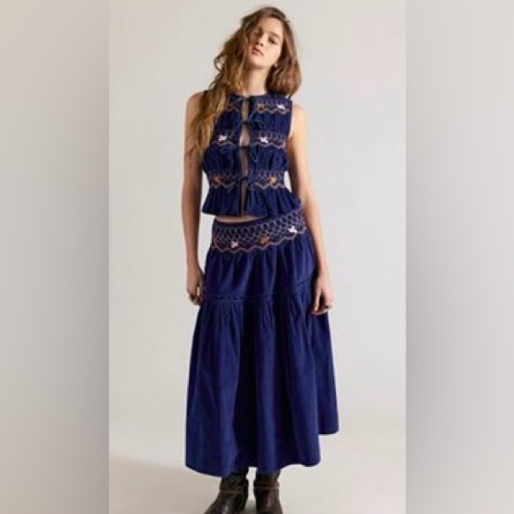 NEW 2 Piece Set Free People Velvet Embroidered Tie Front Top & Midi Maxi Skirt